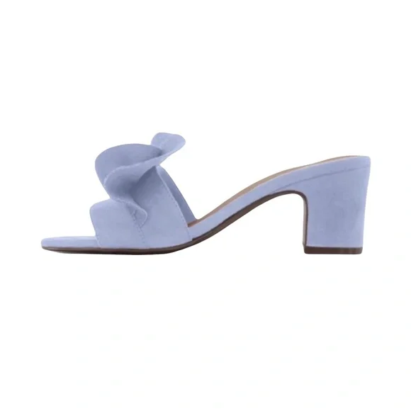 new Who What Wear ꧁ Zadie Ruffled Mule Heels Slide In Sandals ꧂ Blue Vegan Suede - Picture 2 of 16